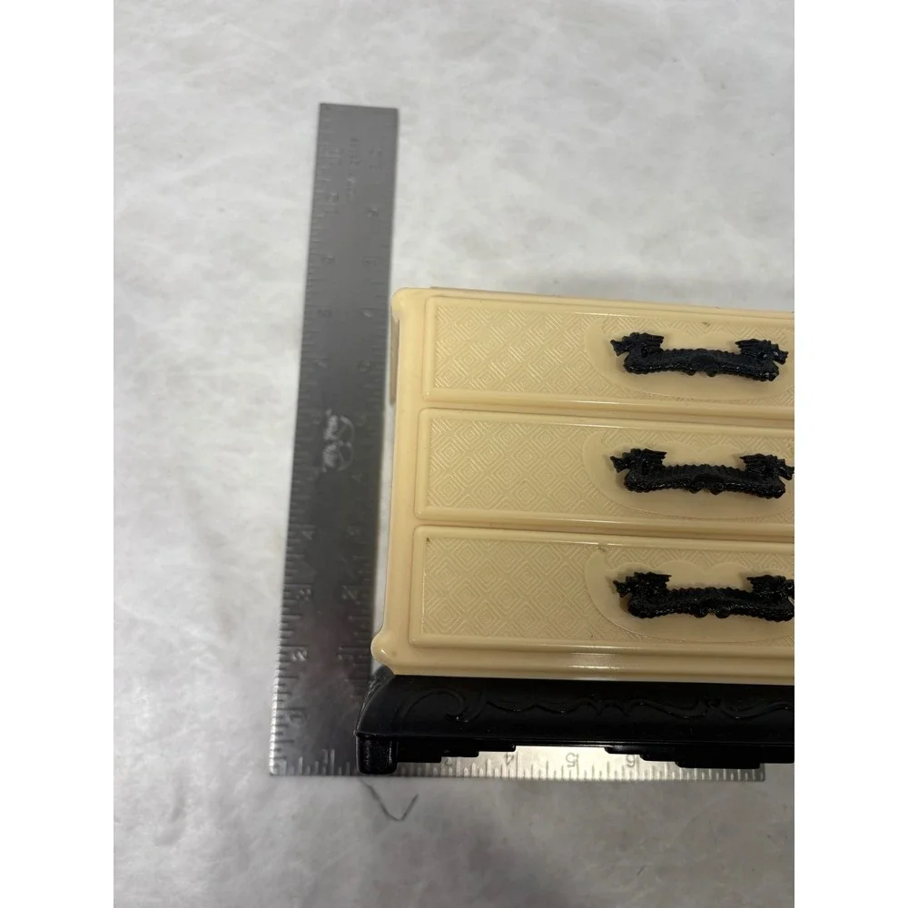 Vintage Chinoiserie Plastic Jewelry Box 3 Drawer Mini Chest Pagoda Cream‎ Black